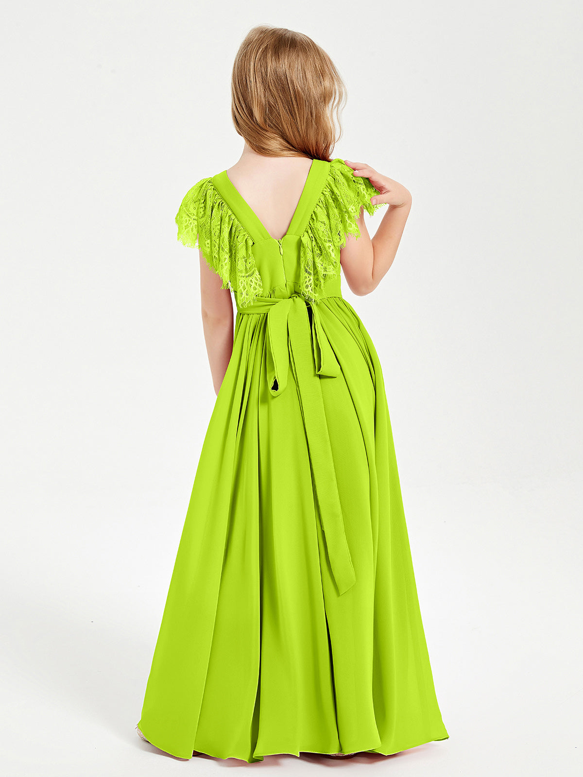 Chiffon Junior Bridesmaid Dresses with Lace Flutter Sleeves Lime Green